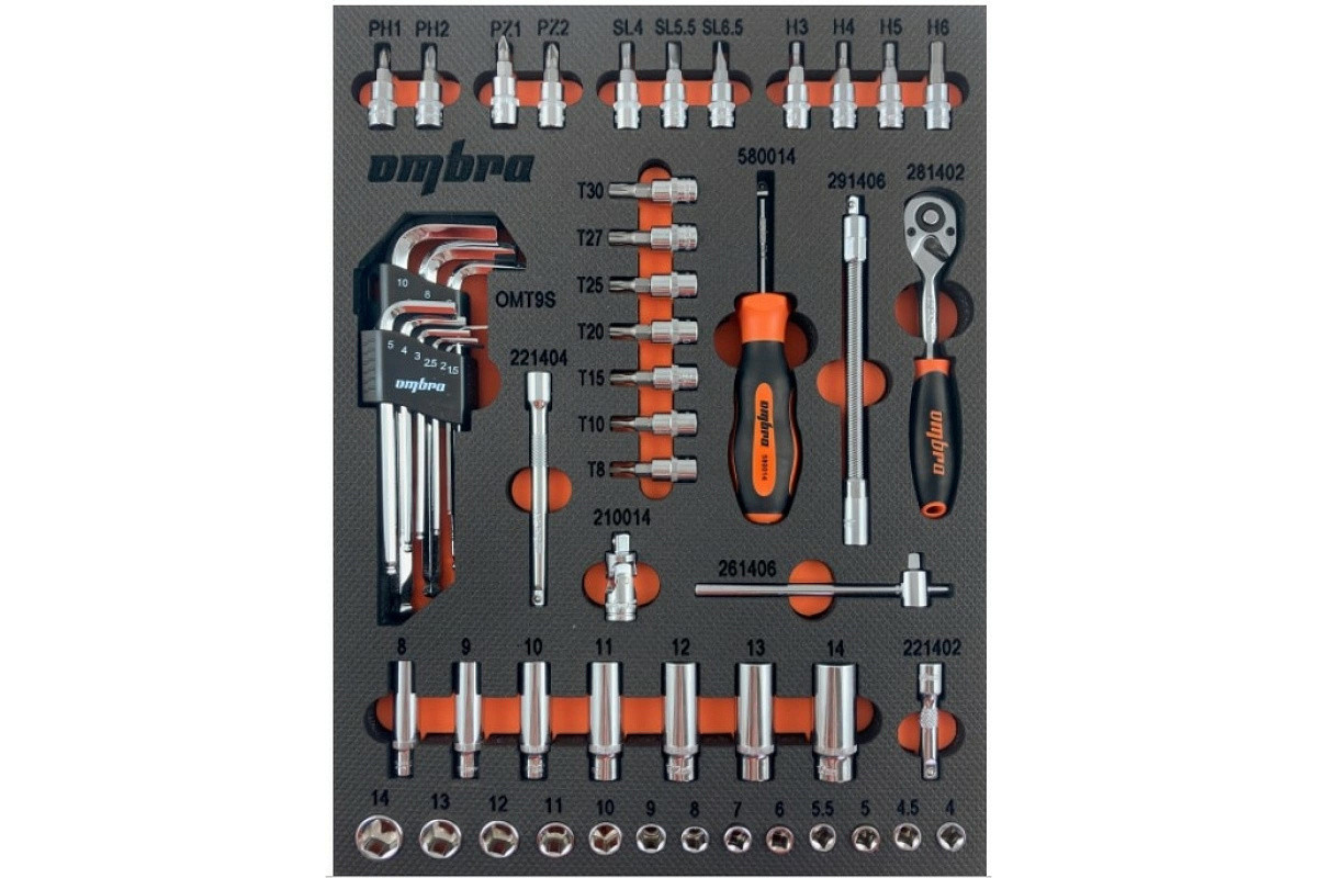 Набор торцевых головок с аксессуарами Ombra OMT54STE 1/4 DR  в EVA ложементе 280х375 мм, 54 предмета 56136 фото 1