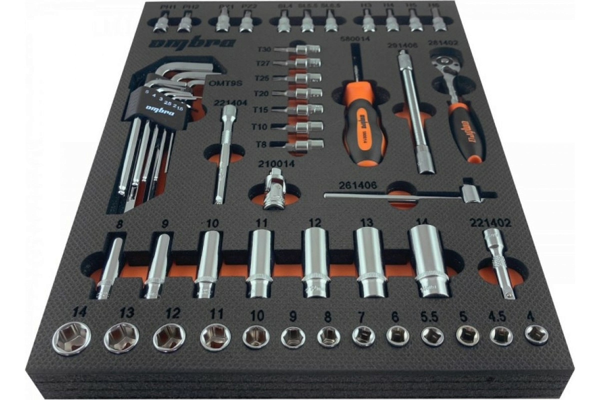 Набор торцевых головок с аксессуарами Ombra OMT54STE 1/4 DR  в EVA ложементе 280х375 мм, 54 предмета 56136 фото 2