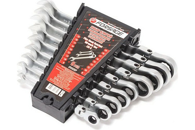 Набор комбинированных ключей Forsage трещоточные, с шарниром 9 пр, в пластиковом держателе F-51092F