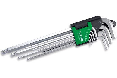 Набор Г-образных экстрадлинных шестигранников TOPTUL 1,5-10 мм, с шаром, 9 предметов GAAL0917