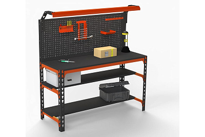 Металлический стол Металекс Metalex SUN 750x1100x400, 2-е полки, перфопанель с комплектом освещения, оранжево-черный 112074