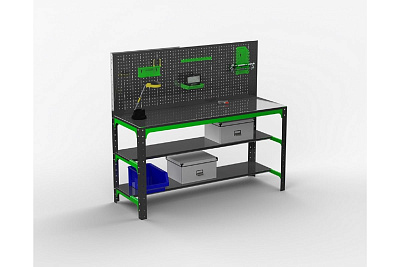 Металлический стол Металекс серия KIT 750x1300x600 мм, две полки, перфопанель с комплектом аксессуаров 201070