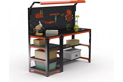 Стол металлический Металекс серия KIT 750x1200x500 мм, с бок. полками, перфопанелью и комплектом освещения, ОЧ 201310