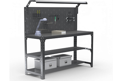 Стол металлический Металекс серия KIT 750х1300х500 мм, 2-е полки мм, перфопанель с комплектом освещения, серый 201460