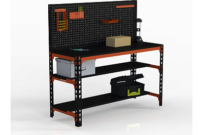 Стол металлический с двумя полками, перфопанелью и комплектом аксессуаров Металекс 750x1500x600 мм, оранжево-чёрный SMMOPIIPRIA751560