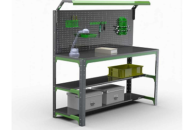 Стол-верстак Металекс KIT 950х1300х400 (2-е полки, + перфопанель с комплектом освещения) (серо-зеленый) 204388