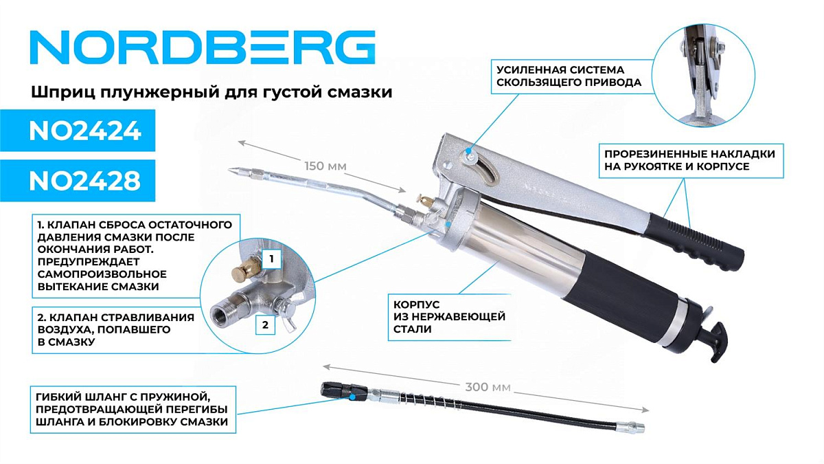 Шприц плунжерный для густой смазки, 800 мл NORDBERG NO2428 фото 3